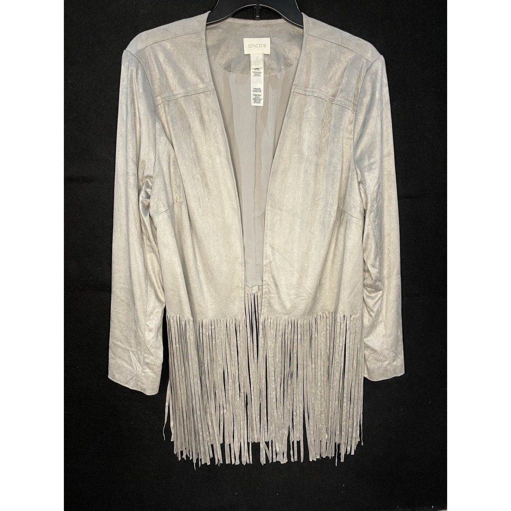 Chicos 2 Faux Suede Fringed Jacket Gray Boho Hippie  Quiet Luxury Western Festiv